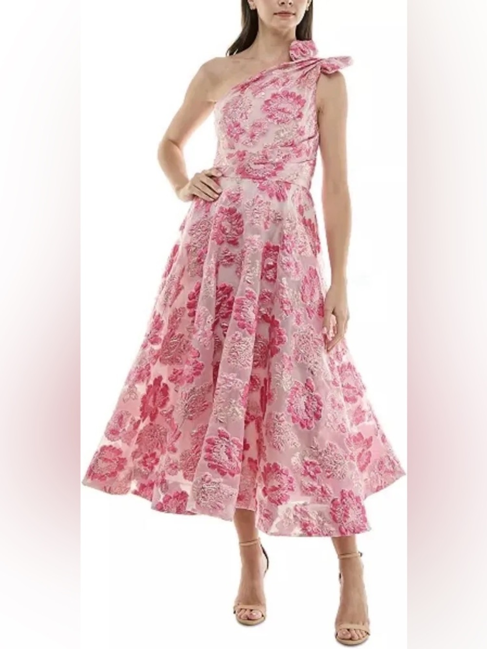 Taylor Women's Floral Jacquard One-Shoulder Dress- Pink Doll Magenta